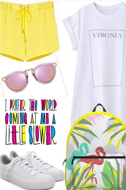 Yellow shorts white tee outfit