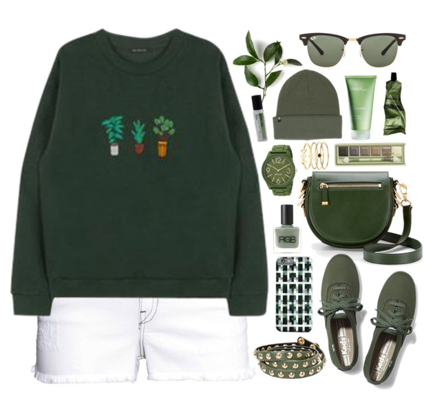 Green sweatshirt white shorts outfit