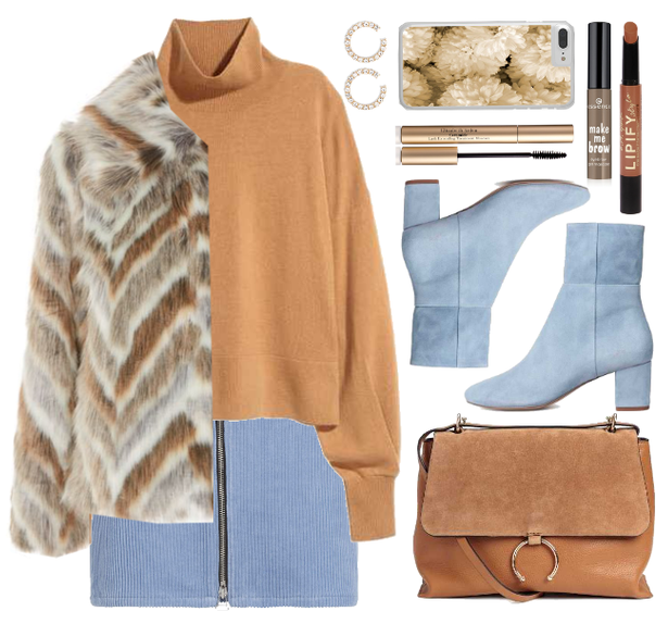 Camel sweater blue skirt outfit