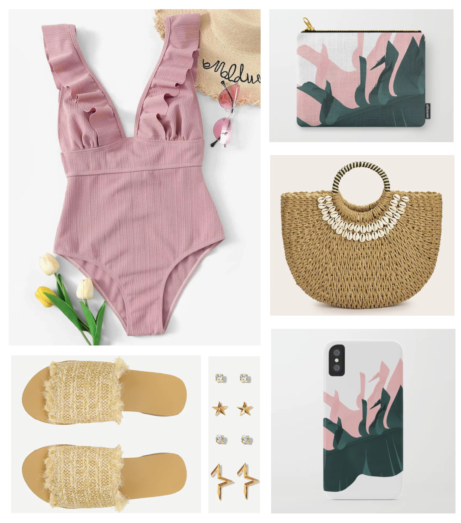 Pink swimsuit straw accessories layout