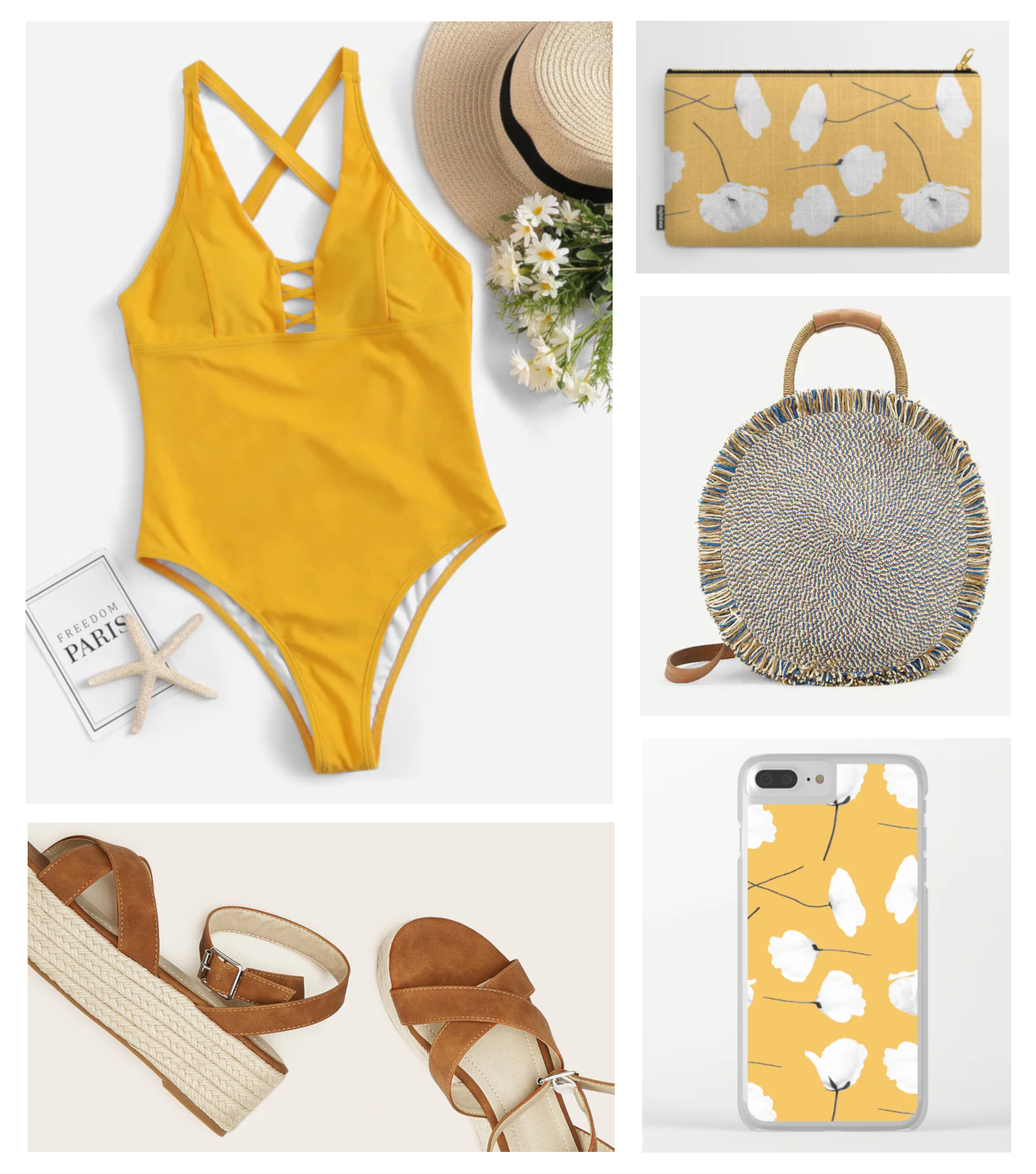 Yellow swimsuit floral accessories layout - 17 Cute yellow bikini and swimwear ideas