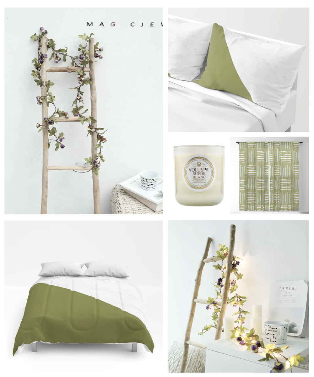 Green bedding boho bedroom layout