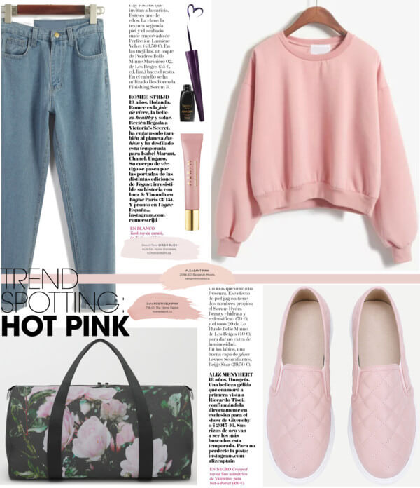 Pink sweatshirt high-waist jeans